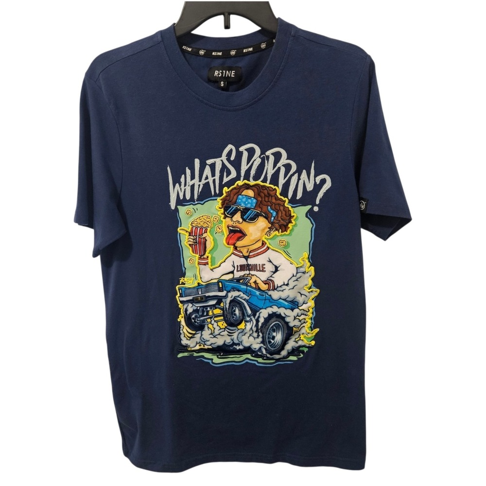 RS1NE Whats Poppin? Graphic T Shirt Tee Short Sleeves Men's Small Blue